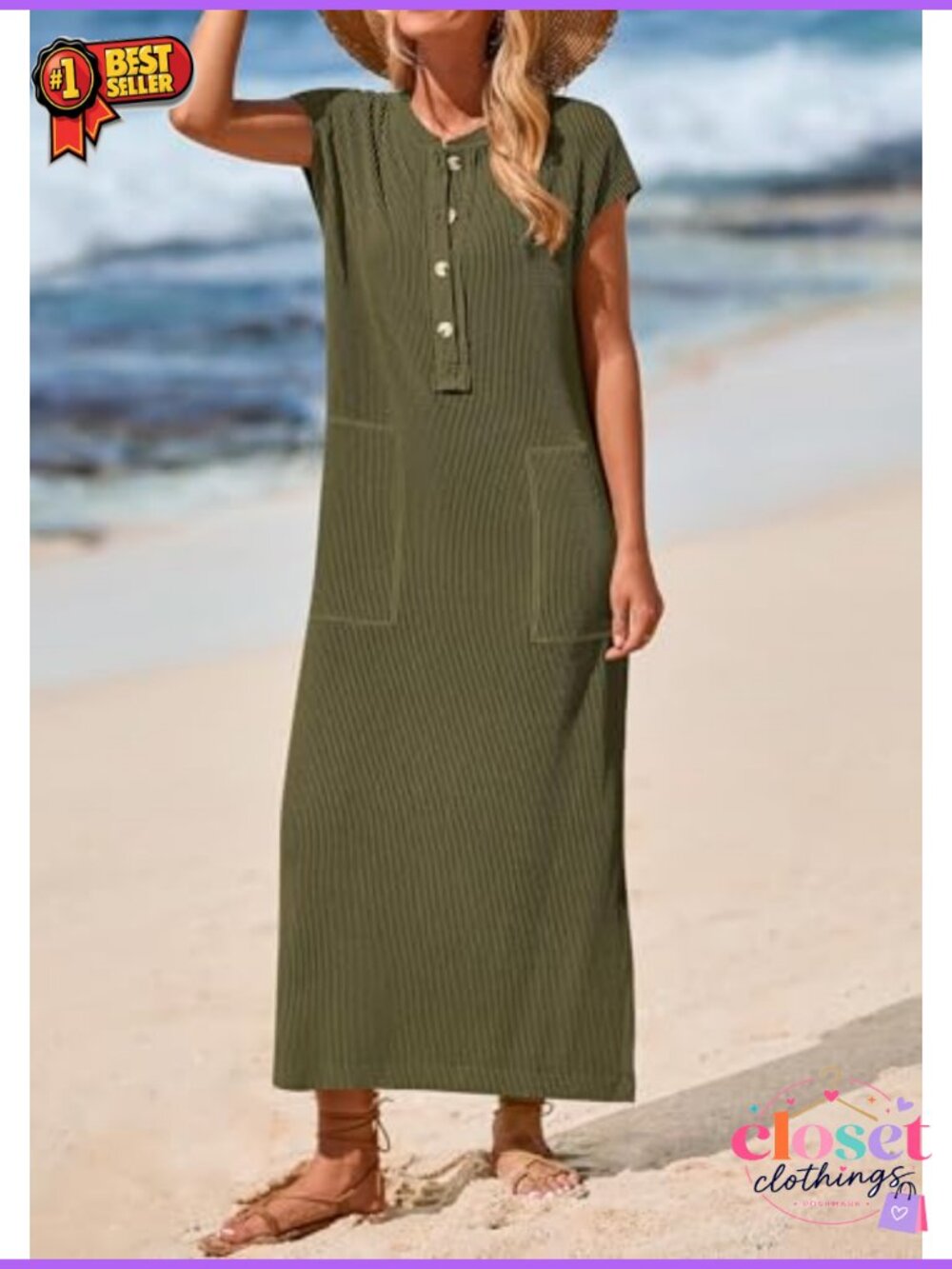 Ribbed Knit Short Sleeve Maxi Dress with Pockets - Picture 5 of 6